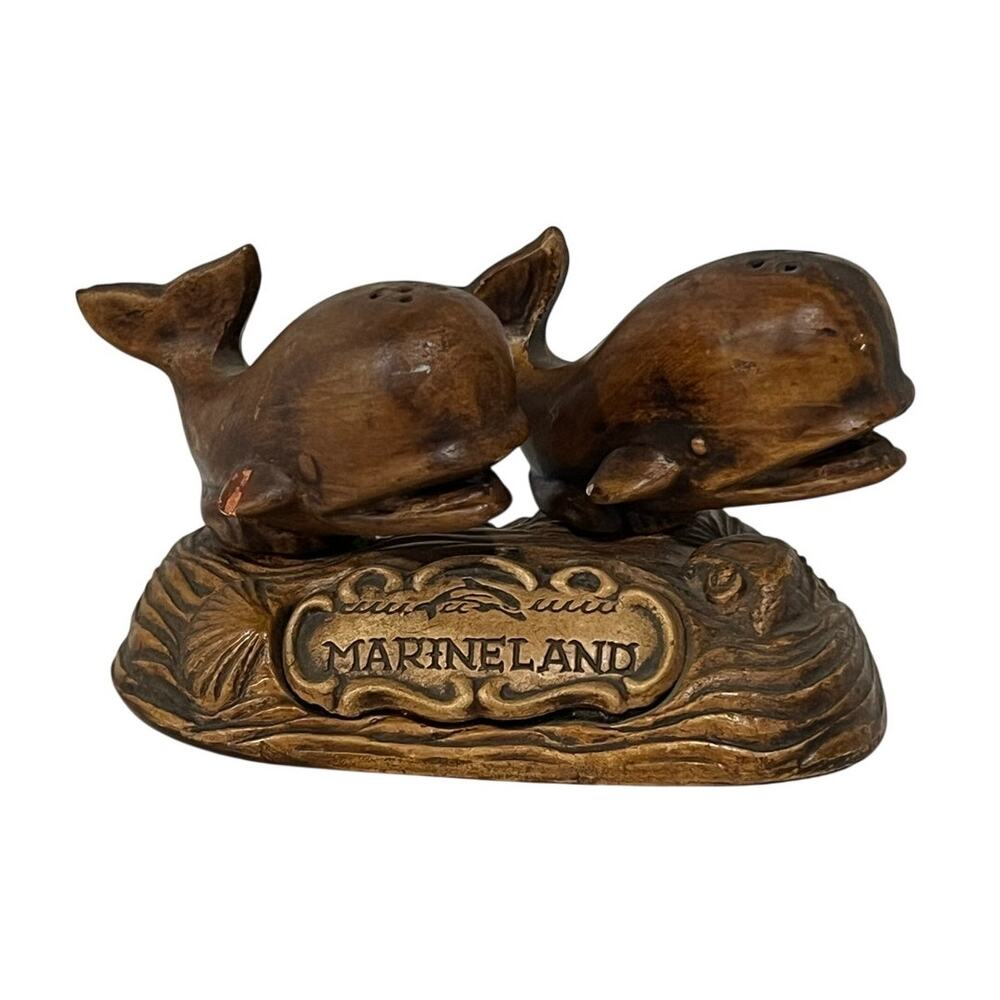 Vintage Marineland Whale Salt Pepper Shakers w/ Caddy Treasure Craft USA MCM‎